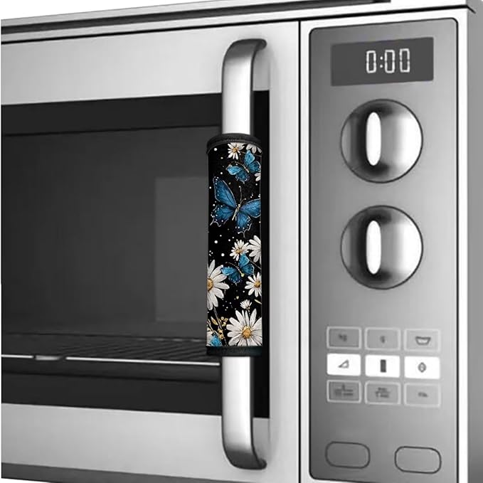 6 PCS Refrigerator Oven Door Handle Covers Anti-Skid Fridge Microwave Dishwasher Door Cloth Protector Keep Electric Appliances Clean Home Decoration Accessories, Daisy Blue Butterfly Black