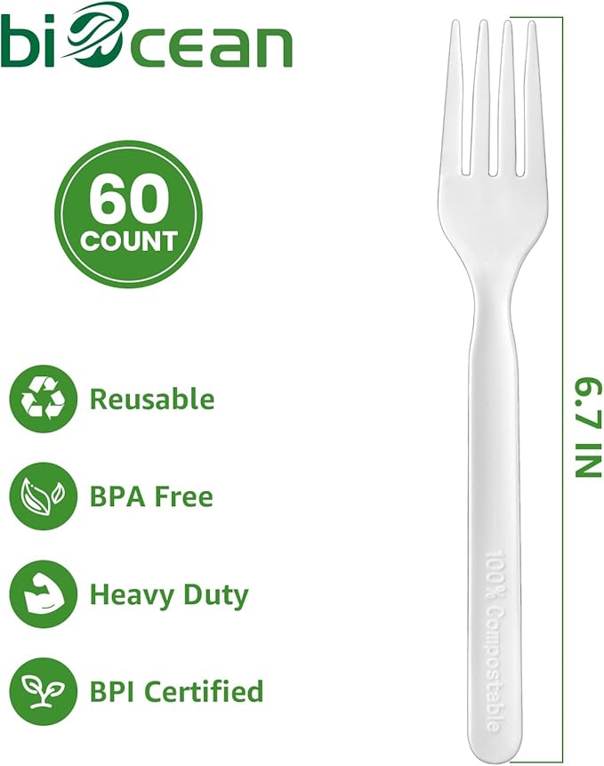 100% Compostable Forks 60 Count Disposable Forks Heavy Duty Utensils Set Fork Silverware Eco Friendly Flatware Plastic Free for Party Camping Picnics Wedding-Ivory White