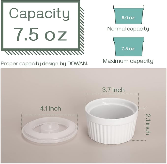 DOWAN Ramekins with Lids 6 oz Oven Safe, Creme brulee Souffle Dishes Ramekin with Covers, Porcelain Bowls for Baking Custard Cups, Set of 6, White