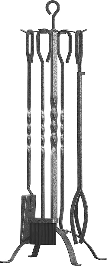 Fire Beauty 5 Pieces Fireplace Tools Sets Fireplace Accessories Tools Holder with Handles Tools for Indoor Fireplace Decor Outdoor Fire Pit Modern Tool(Pewter)