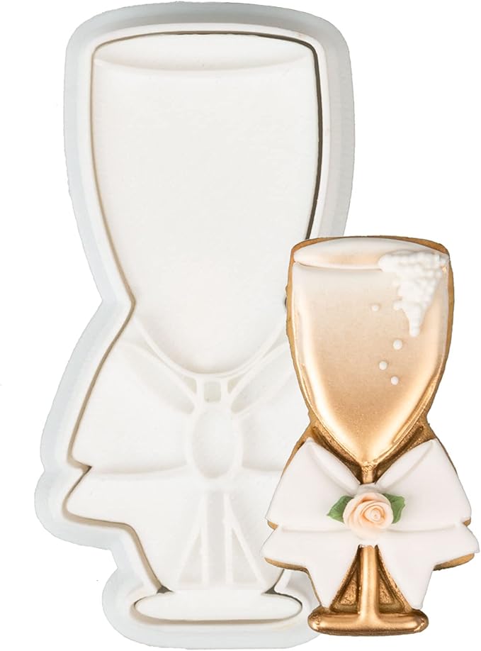 Flycalf Wedding Cookie Cutter with Plunger Stamps Handle Champagne Glass Bridal Shower Holiday PLA Cake Baking Cutter Molds Gifts for Kids Decorative 3.5" Kitchen Cake Supplies