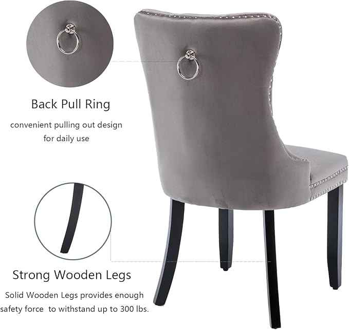 Grey Velvet Dining Chairs Set of 4, Upholstered Dining Room Chairs with Back Ring Pull Trim and Solid Wood Legs,Tufted Wingback Kitchen Chairs for Dining Room,Living Room,Kitchen(Grey)