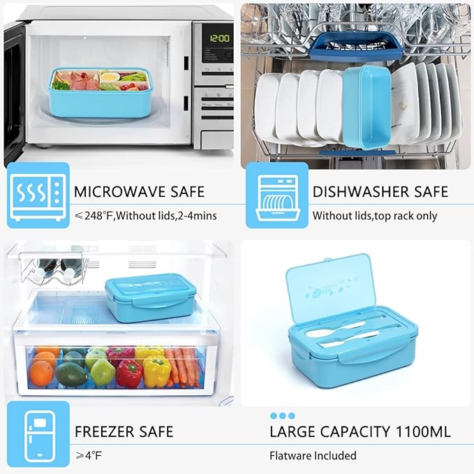 Bento Boxes for Adults - 1100 ML Bento Lunch Box Container For Kids With Spoon & Fork - Durable Perfect Size for On-the-Go Meal, BPA-Free and Food-Safe Materials(Blue)