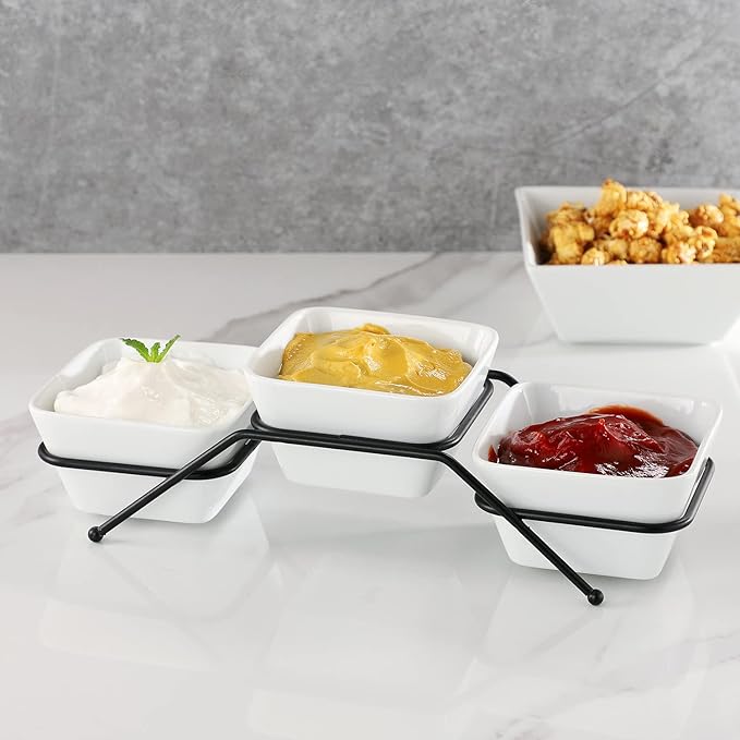 Buyajuju 3 pcs square bowl Porcelain Chip & Dip Serving Set with Black Metal Stand, 4.5inch White Small Serving Bowls for Side Dishes, Salsa, Appetizer, Serving Dishes for Entertaining 11.5 OZ