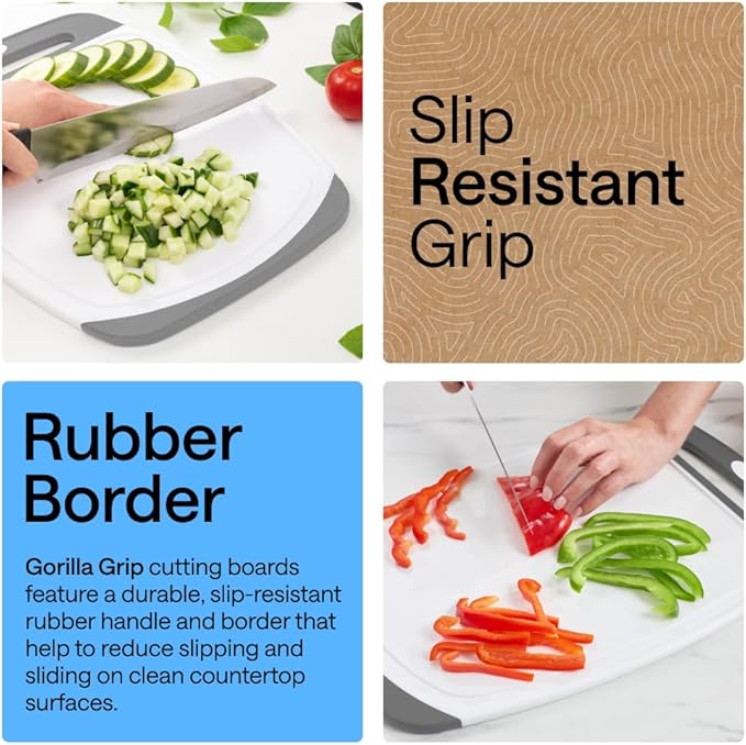 GORILLA GRIP BPA-Free Reversible Kitchen Cutting Board Set of 3, US Designed, Nonporous, Juice Grooves Catch Liquid, Slip Resistant Border, Dishwasher Safe, Durable Large Food Chopping Boards, Gray