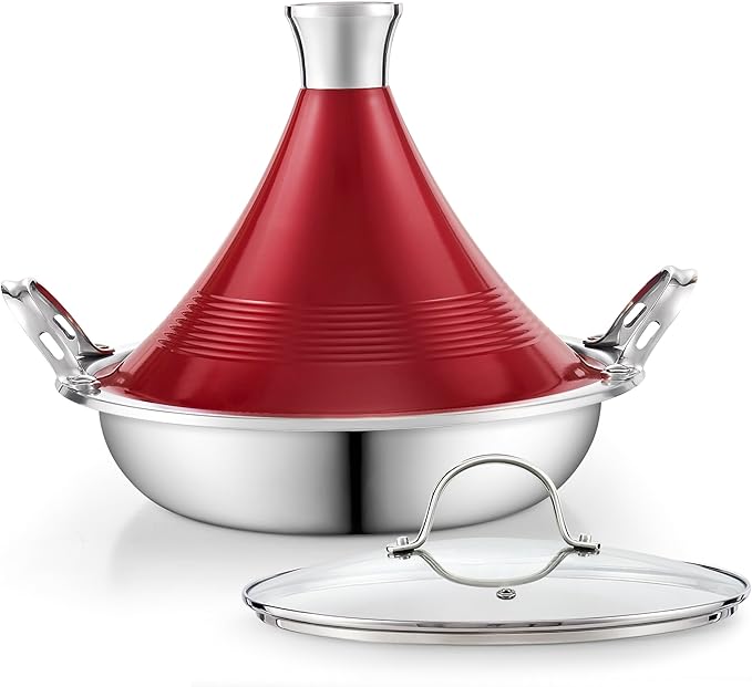 Cooks Standard Moroccan Tagine Pot 3.6 Qt, 11 Inch Multi-Ply Clad Stainless Steel Pan with Dual Handles, Clay Pot Alternative for Slow Cooking, with Conical Die-Cast Aluminum & Glass Lid, Red