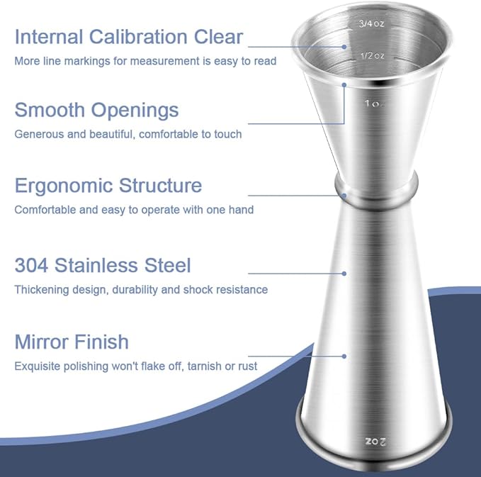 Jigger for Bartending, Briout Double Cocktail Jigger Japanese Premium 304 Food Grade Stainless Steel Jigger 2 OZ 1 OZ with Measurements Inside, Silver
