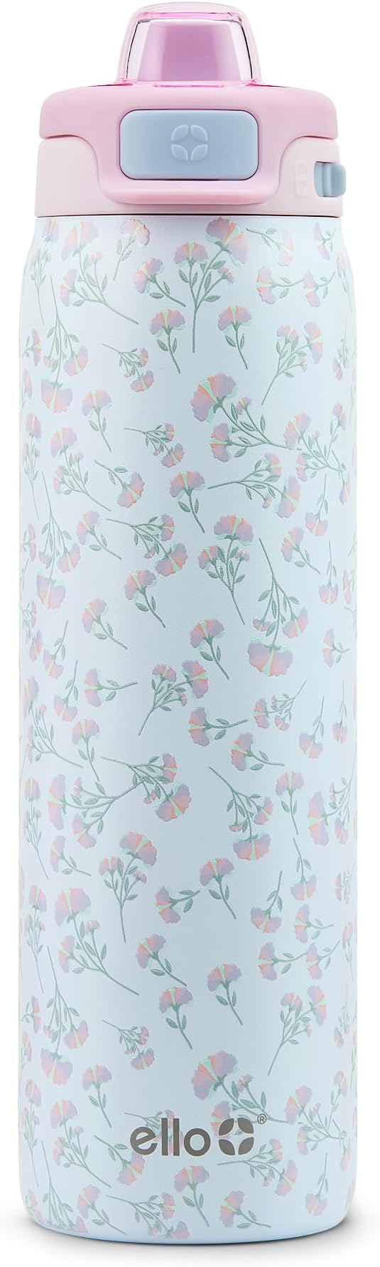 Ello Pop & Fill 22oz Stainless Steel Water Bottle with QuickFill Technology, Double Walled and Vacuum Insulated Metal, Leak Proof Locking Lid, Straw and Chug, Reusable, BPA Free, Serene Bloom