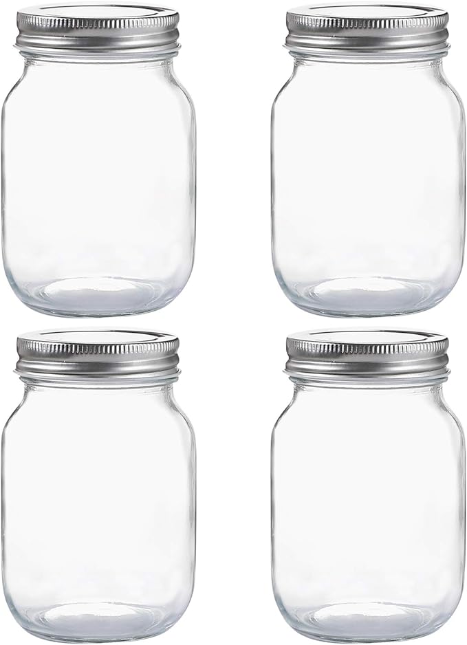 YINGERHUAN Glass Regular Mouth Mason Jars, 16 oz Clear Glass Jars with Silver Metal Lids for Sealing, Canning Jars for Food Storage, Overnight Oats, Dry Food, Snacks, Candies, DIY Projects (4PACK)