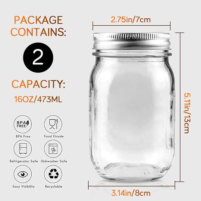 Showvigor 2 Pack Regular Mouth Mason Jars 16oz Glass Canning Jars with Airtight Lids for Preserving, Jam, Honey, Jelly, Wedding Favors, Sauces, Meal Prep, Overnight Oats, Salad