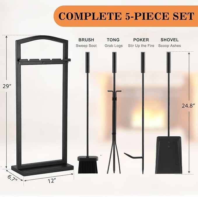 Gtongoko 29 Inch 5 Pieces Fireplace Tools Set with Stand, Outdoor Fire Tools for Fireplace with Poker, Shovel, Brush, Tong and Base, Fireplace Accessories Fire Place Set Tools, Black