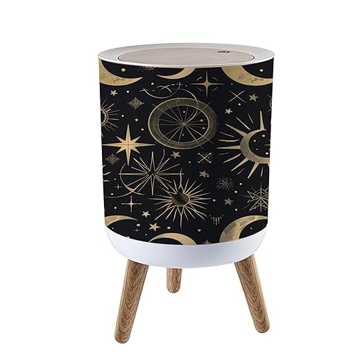 Trash Can with Lid Magic seamless pattern sun constellations moons stars Gold decorative Press Top Round Small Garbage Bin with Wooden Legs Waste Basket for Kitchen Bedroom Nursery 7L/1.8 Gallon