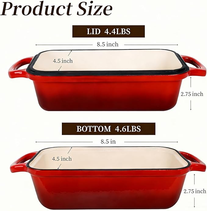 FUNKYLEE Enameled Cast Iron Bread Pan with Lid, 2-in-1 Loaf Pan for Baking Bread 8.5x4.5, Professional Sourdough Bread Pan for Homemade Bread, Set of 2, Red