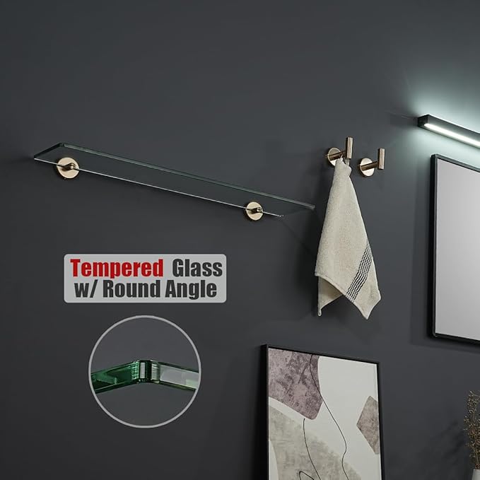 JQK Bathroom Glass Shelf, Tempered Glass Shower Storage 24 by 5 inches, 304 Stainless Steel Champagne Bronze Wall Mount, TGS101L24-CB