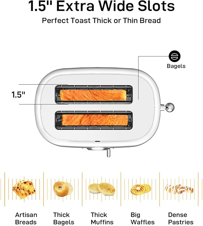 2 Slice Toaster with Extra Wide Slots & Removable Crumb Tray 6 Browning Options, Auto Shut Off & Frozen Function, Toast Fruit Bread, Bagel & Waffle, White