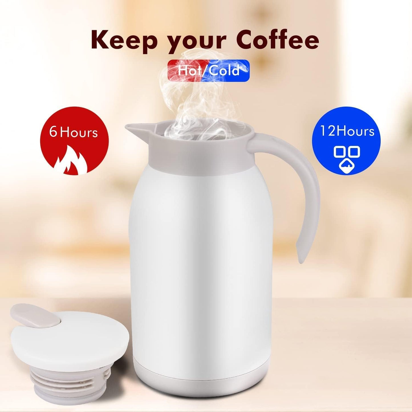 Stainless Steel Thermal Coffee Carafe Dispenser, 40oz Unbreakable Double Wall Vacuum Flask Large Capacity 1.2L Water Tea Pot Beverage Pitcher for Summer Cold Iced Coffee(White)