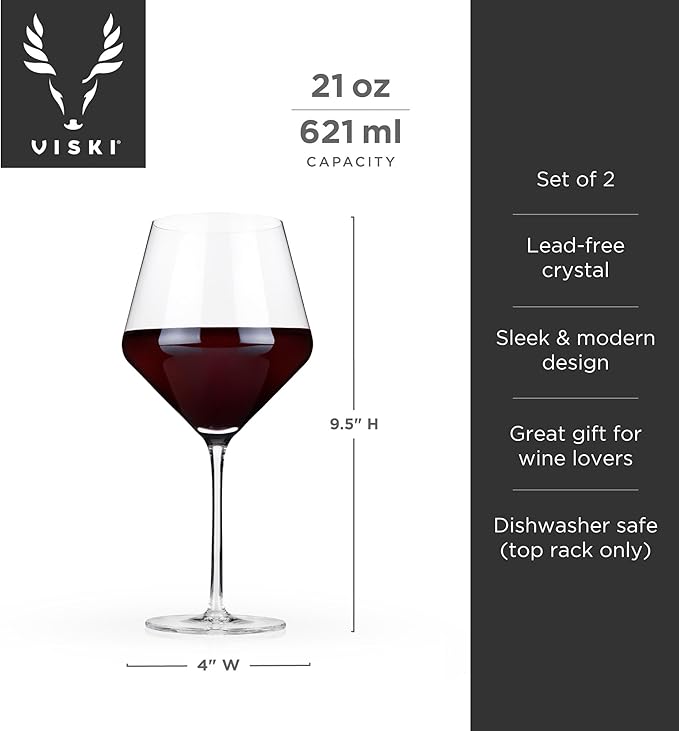 Viski Raye Angled Burgundy Wine Glasses, Crystal Clear Red Wine Glasses for Wedding, Anniversary, Birthday Gifts for Women and Men, Home Bar, Elegant Glassware, 21 oz, Set of 2