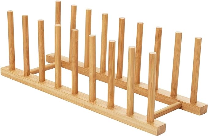 HBlife Bamboo Dish Plate Bowl Cup Book Pot Lid Cutting Board Drying Rack Stand Drainer Storage Holder Organizer Kitchen Cabinet（Keep Dry）