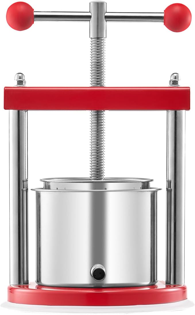 VEVOR 1.6 Gal/6L Fruit Wine Press, 2 Stainless Steel Barrels, Manual Juice Maker, Cider Apple Grape Tincture Honey Olive Oil Making Press with T-Handle for Outdoor Kitchen Home