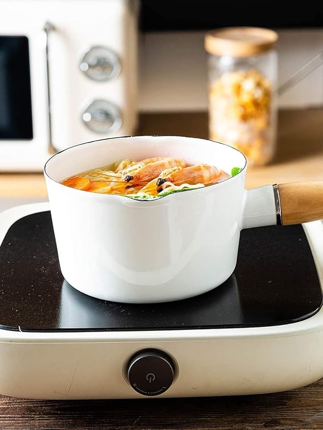Enamel Milk Pot, Butter Warmer Non-stick Mini Saucepan, 4.7 Inch 24 Oz Small Cookware with Wooden Handle, White