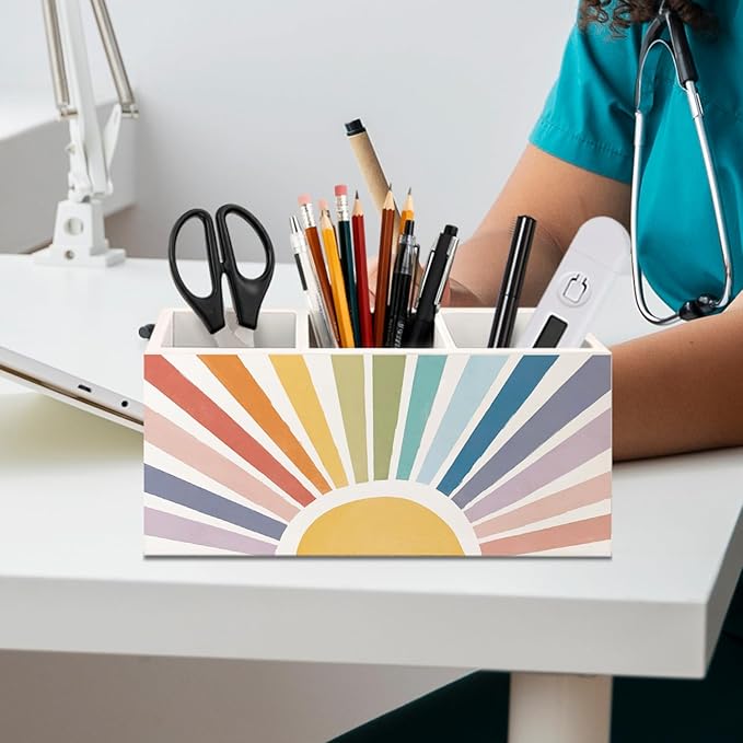 Boho Colorful Sun Sunshine Wooden Utensils Holder, Mid Century Modern Horizontal Sunset Sunrise Wood Cooking Utensil Holder Organizer for Kitchen Countertop Counter Decor Accessories