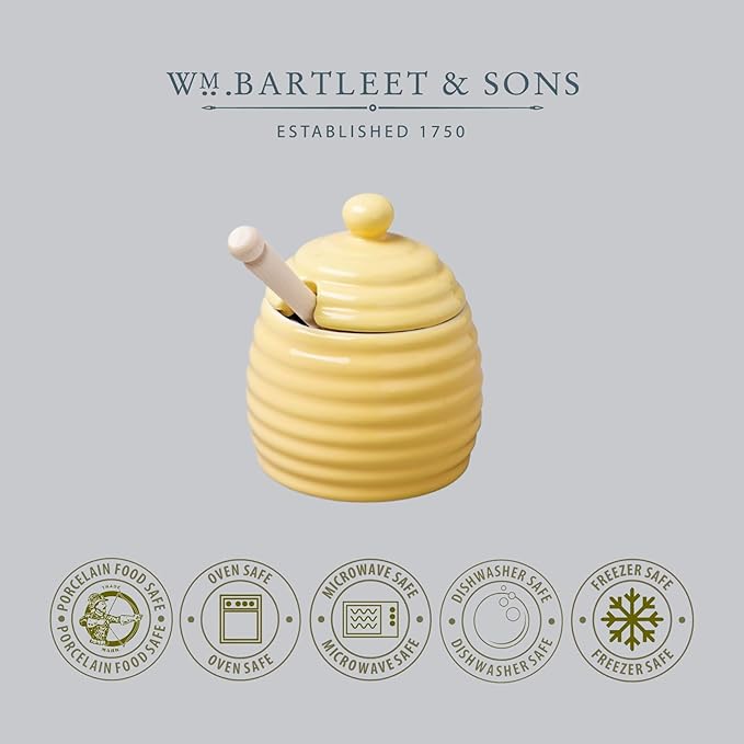 WM Bartleet & Sons 1750 Traditional Porcelain Honey Pot with Beech Wood Dipper 11cm – Yellow