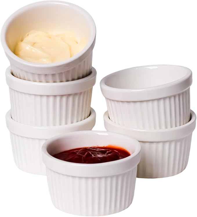 2.5 oz Ramekins 6 pcs Porcelain Ramekins Dishes for Souffle,Creme Brulee, Pudding, Custard Cups,Bakeware Bowls Set for Baking,Oven Safe, White 2.5 inch