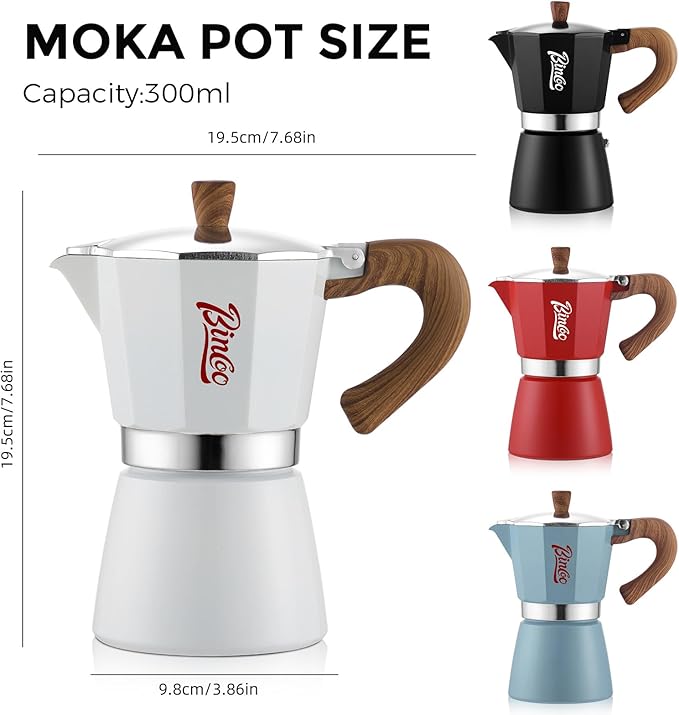 Bincoo Classic Italian Coffee Maker, Moka Pot 6 Cups, Espresso Maker Stovetop Espresso Moka Pot,Single Safety Valve (Red)