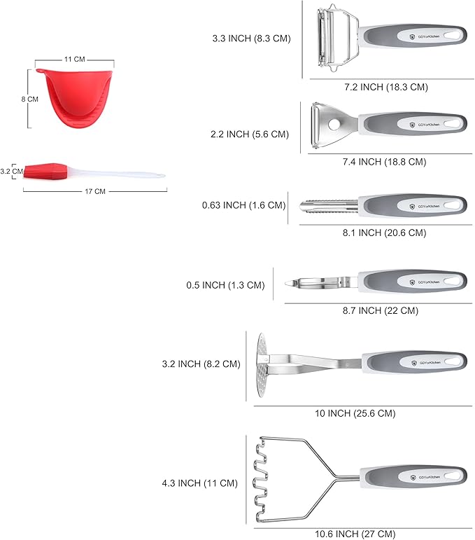 Stainless Steel Potato Masher & Peeler Set (6PCS Set - Gray) - Includes Potato Ricer, Wire Masher, Multi-purpose Peelers, Comfortable Grip Design For Kitchen, Free Silicone Brush and Oven Mitt