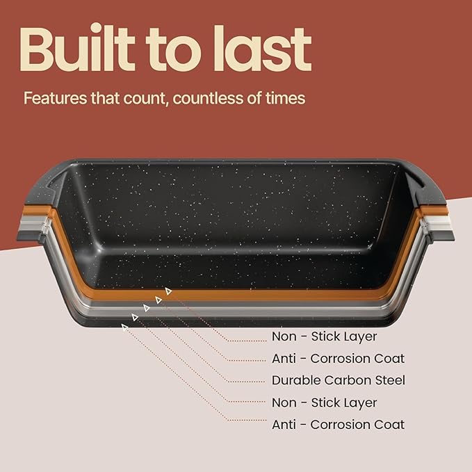 Nonstick Loaf Pan Set Pack of 4, Carbon Steel 11" Large Baking Bread Pan, Oven Safe Up to 450°F, PFOA, PFOS, PTFE Free, Space Saving Stackable Design, Stain Resistant, Dishwasher Friendly, Gray Marble