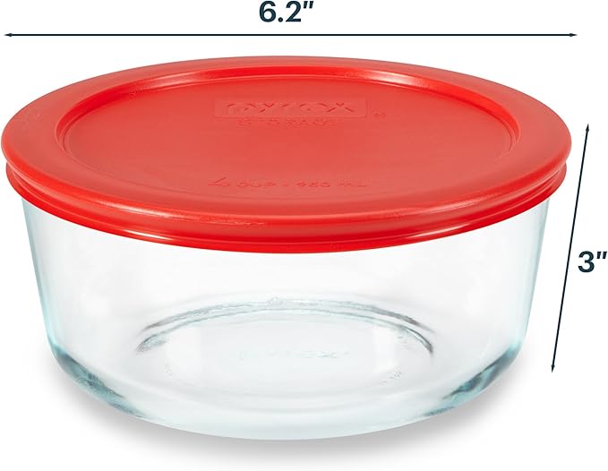 Pyrex Simply Store Glass Food Storage Container, Snug Fit Non-Toxic Plastic BPA-Free Lids, Freezer Dishwasher Microwave Safe, 4 Cup