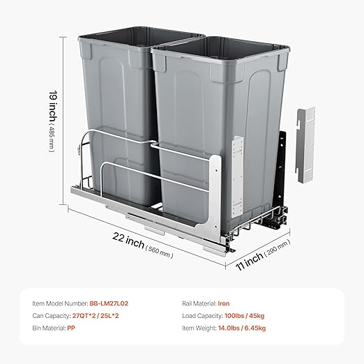 VEVOR Pull-Out Trash Can, 27 QT x2 Double Under Mount Kitchen Waste Container, Heavy Duty Garbage Recycling Bin with Door Kit and Soft Close Slide, for Kitchen Cabinet, Sink, Under Counter (Grey)
