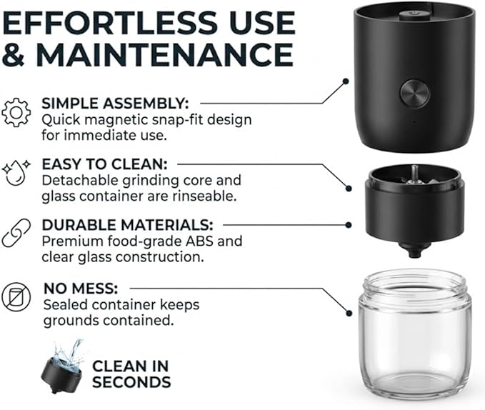 Caldwell Portable Electric Coffee Grinder – USB Rechargeable Ceramic Burr Mill for Espresso to French Press – Automatic Coffee Bean Grinder for Travel, Camping & Home – Black