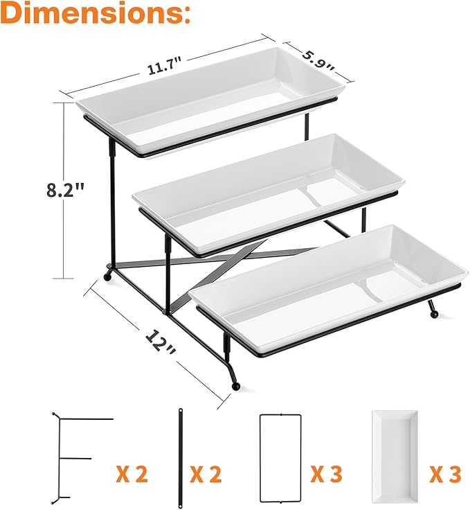 Mfacoy 3 Tier Serving Tray Set, 12" Tiered Serving Trays Platters, Reusable Serving Tray for Party, Collapsible Sturdier Stand with Stable Cross Bars, Serving Platters for Veggie, Fruit, Dessert
