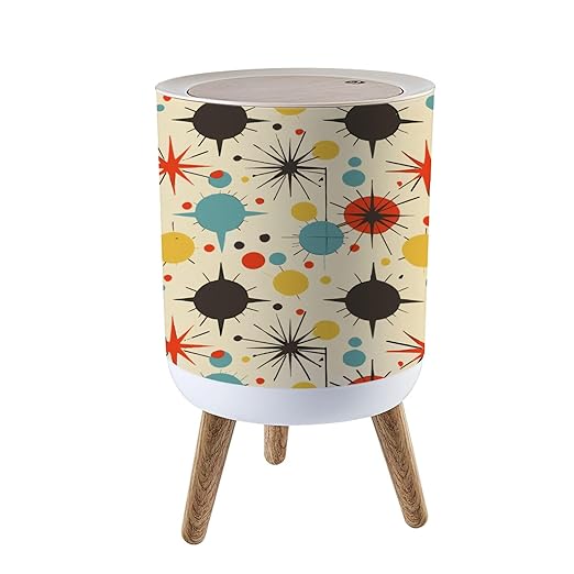 Trash Can with Lid Mid century fifties modern atomic retro colors seamless pattern Part Press Top Round Small Garbage Bin with Wooden Legs Waste Basket for Kitchen Bedroom Nursery 7L/1.8 Gallon
