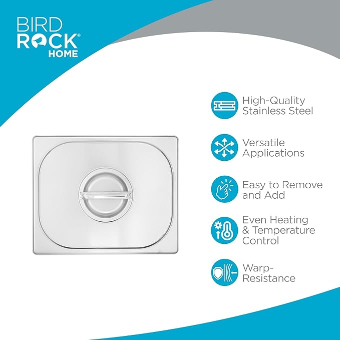 BIRDROCK HOME Stainless Steel Steam Table Pan Lids - Restaurant and Catering Supplies - 24 Gauge Steel - Perfect for Meal Prep, Cooking, and Food Storage Container - 6 Pack, Fits 1/2-Size Hotel Pans