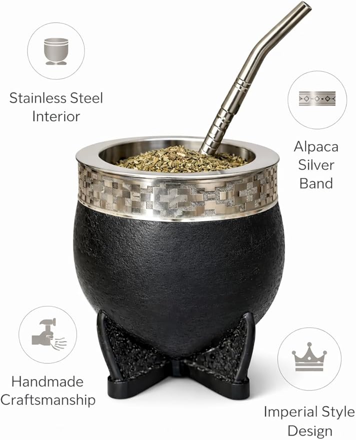Yerba Mate Cup Set with Straw (Bombilla), Imperial Argentina-Style Mate Cup with Stainless Steel Interior, Alpaca Silver Band and Steel Rim, Handmade with Traditional Argentino Craft