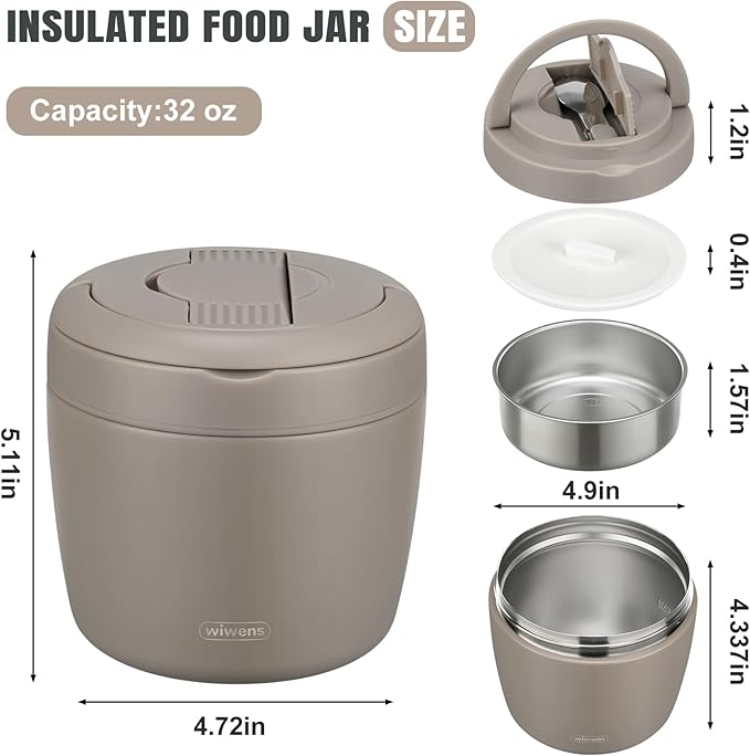 wiwens Thermo Food Jar for Hot Food Adults 32OZ Soup Thermo Lunch Containers Wide Mouth Vacuum Insulated Stainless Steel Leakproof Bento Box with Spoon (Khaki)
