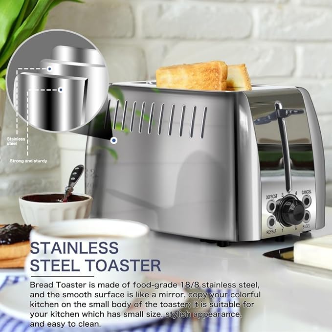 Toaster 2 Slice Stainless Steel Bagel Toaster Extra Wide Slots with 6 Browning Setting, Bagel/Reheat/Defrost/Cancel Function for Toasting Bread, Bagels and Waffles, 750W, Silver