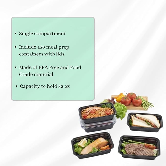 G-BOX Meal Prep Containers with Lids - 32 OZ | 150 Pack | 1 Compartment Food Containers with Lids [Meal Prep, Bento Box, Stackable, Reusable, Dishwasher Safe, Microwave Safe, Freezer Safe]