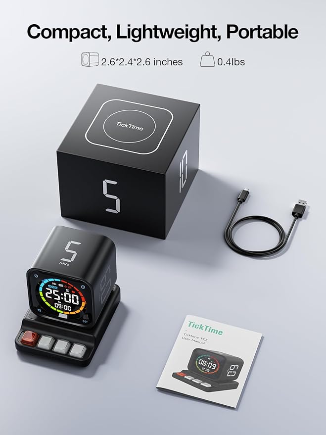 TK3 Pomodoro Timer Cube, Desk Productivity Timer with 5/10/30/60 Min Presets, Custom Countdown, Stopwatch, Clock, 3 Alarm, Silent, Vibrate & Sound Mode, for Task, ADHD, Study, Kitchen,Obsidian Black