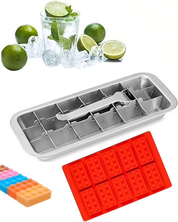 Metal Ice Cube Trays for Freezer with Easy Release Handle,and Building Brick Ice Tray or Candy Mold for Lego Fans,2pcs Ice Freezer Molds