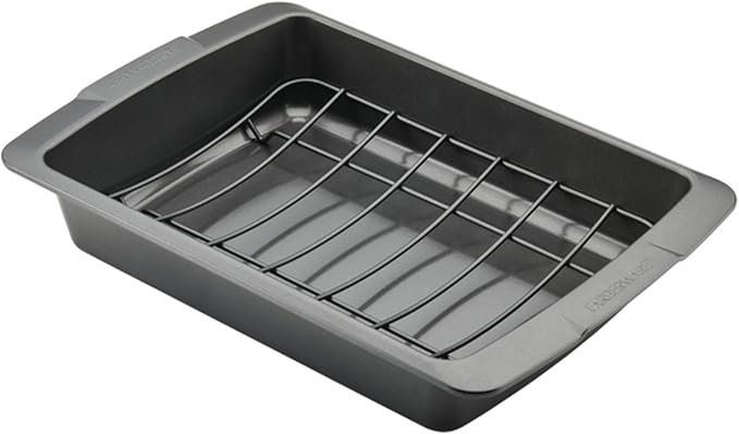 Farberware Bakeware Nonstick Roasting Pan/Roaster with U-Rack, 14.75 Inch x 10.75 Inch - Gray