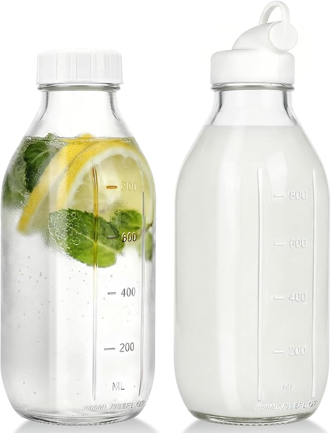 CUCUMI Moretoes 32 Oz Glass Milk Bottle with Reusable Strong Airtight Screw Lid, Reusable Glass Juice Bottles, Water Jug Breast Milk Pitcher, Buttermilk, Nut, Juice, Syrup, Coffee Creamer (2 Pack)