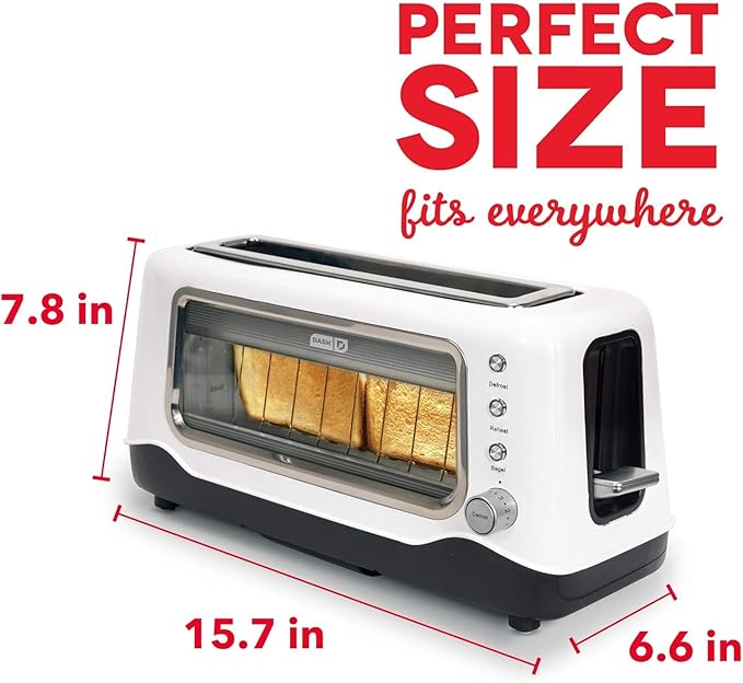 Dash Clear View Toaster - Features Large Window & Extra-Wide Slots - Auto-Shut Off Feature - Bagel Functions, & Seven-Browning Levels - 1-Touch Defrost - White