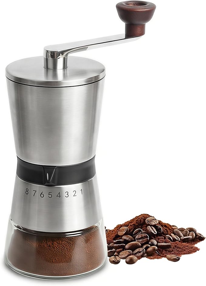 78g Large Capacity Manual Coffee Grinder with Handle Crank, Conical Ceramic Burr Mill, Adjustable Grind Settings, Glass Jar, Handheld Coffeegrinder for Home Use,Travel, Camping, Quiet and Portable