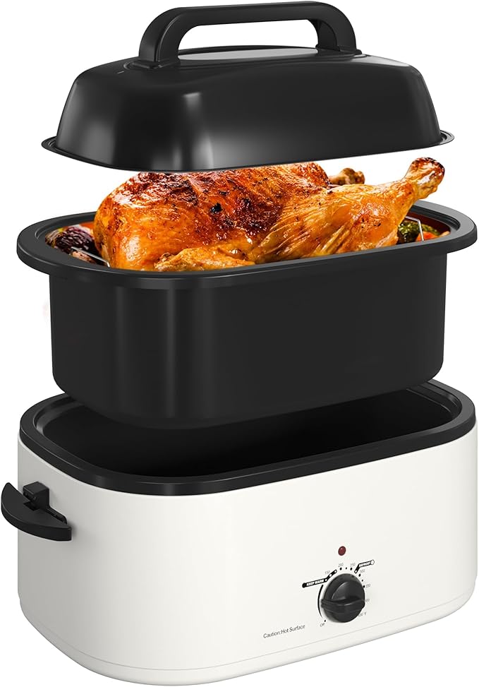 RoyalCraft 22-Quart Electric Roaster Oven with Visible Self-Basting Lid, Turkey Roaster Oven with Removable Pan and Rack, Perfect for Large Meals and Holiday Feasts, White