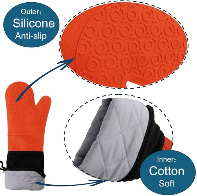 Extra Long High Temp Oven Mitts - 2pcs Commercial, Heavy Duty Non-Slip Grip Mitts - Silicone Heat Resistant Up to 500 Degrees, Ideal for Cooking, Baking & Frying, Orange
