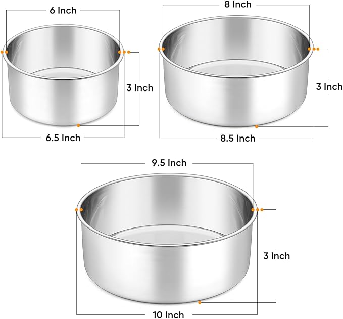P&P CHEF 6 + 8 + 9.5 Inch Cake Pans Set, Round Baking Pan Stainless Steel Layer Birthday Wedding Cake Oven Pans, Non Toxic & Heavy Duty, Deep Side & Mirror Finish, Dishwasher Safe, (3Pcs)