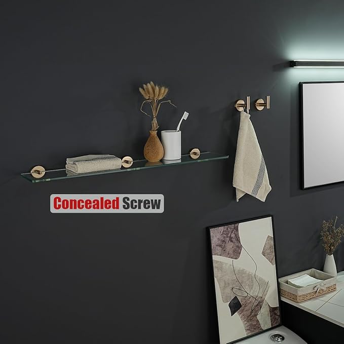 JQK Bathroom Glass Shelf, Tempered Glass Shower Storage 30 by 5 inches, 304 Stainless Steel Champagne Bronze Wall Mount, TGS101L30-CB